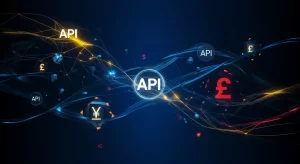 A conceptual graphic representing API to API integration, illustrating how it connects disparate financial software to break down data silos.