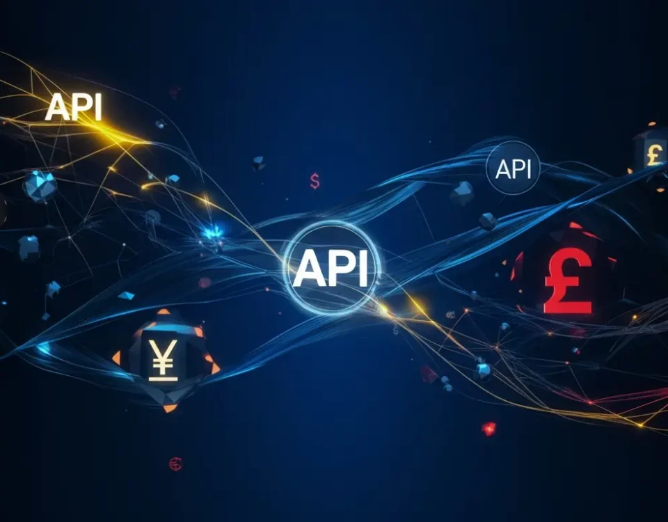 A conceptual graphic representing API to API integration, illustrating how it connects disparate financial software to break down data silos.