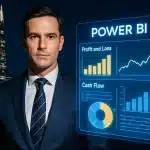Power Business Intelligence dashboard overlaid on a modern London cityscape for UK finance leaders.