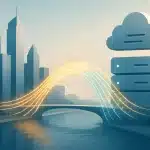 A conceptual illustration of API integration for UK finance, showing streams of data connecting London's financial district to cloud servers and databases.