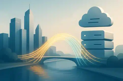 A conceptual illustration of API integration for UK finance, showing streams of data connecting London's financial district to cloud servers and databases.