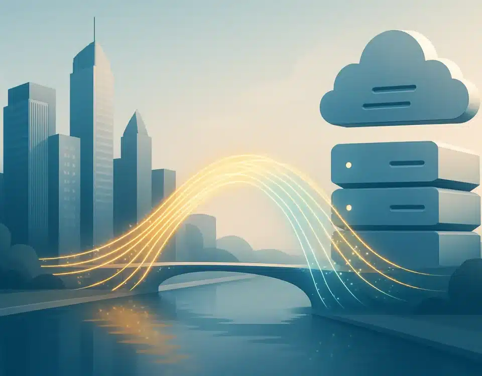 A conceptual illustration of API integration for UK finance, showing streams of data connecting London's financial district to cloud servers and databases.