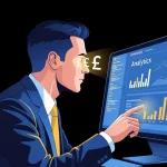 A focused Financial Director analyzes a financial dashboard, with pound sterling (£) symbols reflected in his eyes, symbolizing a data-driven focus on profitability.