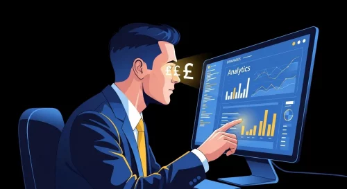 A focused Financial Director analyzes a financial dashboard, with pound sterling (£) symbols reflected in his eyes, symbolizing a data-driven focus on profitability.