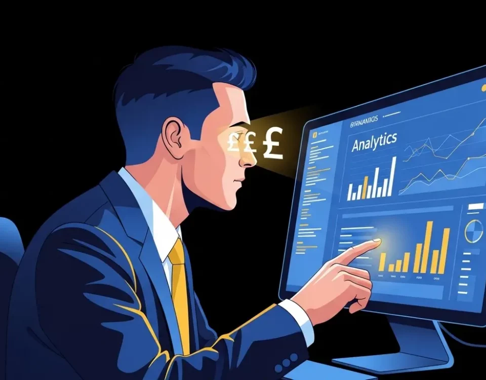 A focused Financial Director analyzes a financial dashboard, with pound sterling (£) symbols reflected in his eyes, symbolizing a data-driven focus on profitability.