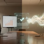 A visual metaphor for AI-powered Business Intelligence: in a modern boardroom, a static chart transforms into a dynamic, glowing hologram displaying predictive graphs and insights.