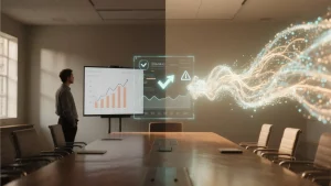 A visual metaphor for AI-powered Business Intelligence: in a modern boardroom, a static chart transforms into a dynamic, glowing hologram displaying predictive graphs and insights.