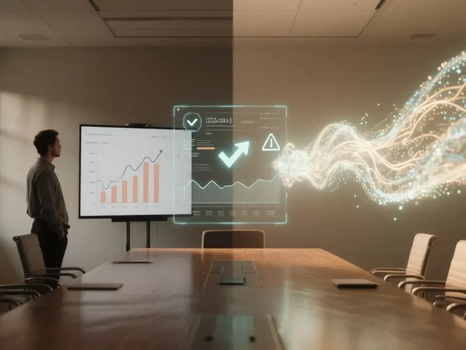 A visual metaphor for AI-powered Business Intelligence: in a modern boardroom, a static chart transforms into a dynamic, glowing hologram displaying predictive graphs and insights.