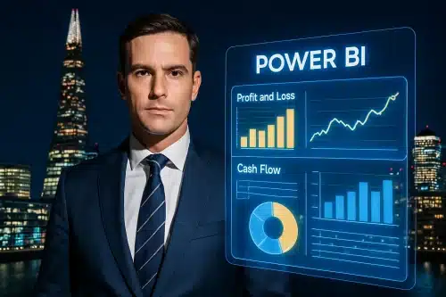 Power Business Intelligence dashboard overlaid on a modern London cityscape for UK finance leaders.