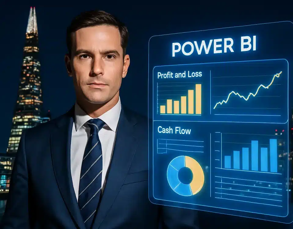 Power Business Intelligence dashboard overlaid on a modern London cityscape for UK finance leaders.