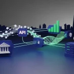Illustration of API integration for UK finance, showing data streams connecting financial systems against a London skyline.