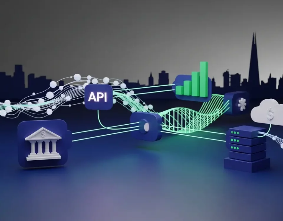 Illustration of API integration for UK finance, showing data streams connecting financial systems against a London skyline.