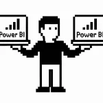 evaluates two different Power BI solutions, one hovering in each hand, as if weighing their features and benefits