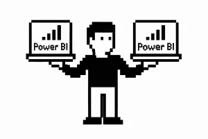 evaluates two different Power BI solutions, one hovering in each hand, as if weighing their features and benefits