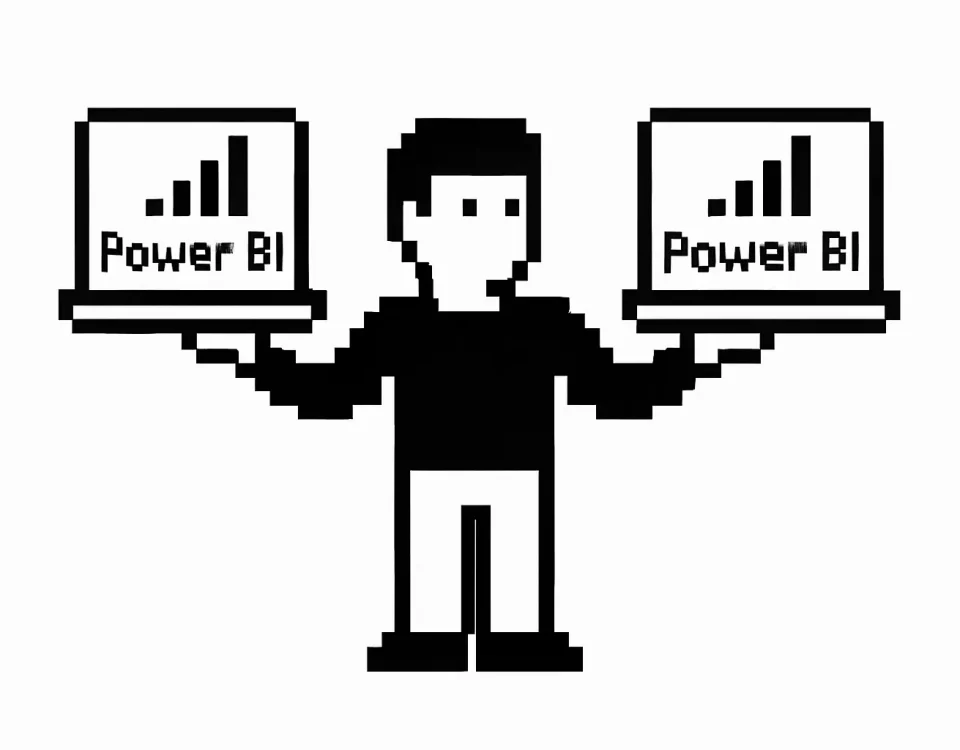 evaluates two different Power BI solutions, one hovering in each hand, as if weighing their features and benefits