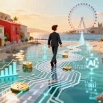 A conceptual illustration showing a finance leader navigating a strategic roadmap for AI implementation in the UK financial sector.