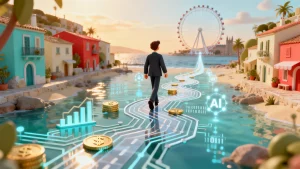 A conceptual illustration showing a finance leader navigating a strategic roadmap for AI implementation in the UK financial sector.