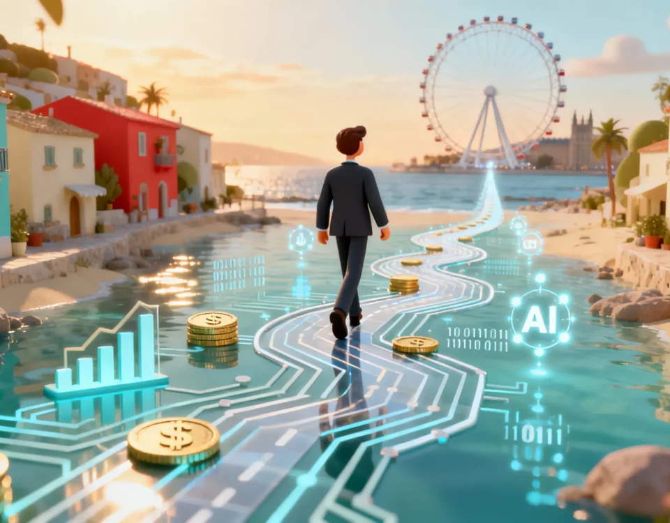 A conceptual illustration showing a finance leader navigating a strategic roadmap for AI implementation in the UK financial sector.