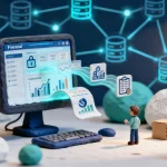 A modern financial dashboard displaying consolidated real-time data, with a network of connected systems in the background, representing seamless application to application integration.