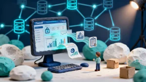 A modern financial dashboard displaying consolidated real-time data, with a network of connected systems in the background, representing seamless application to application integration.