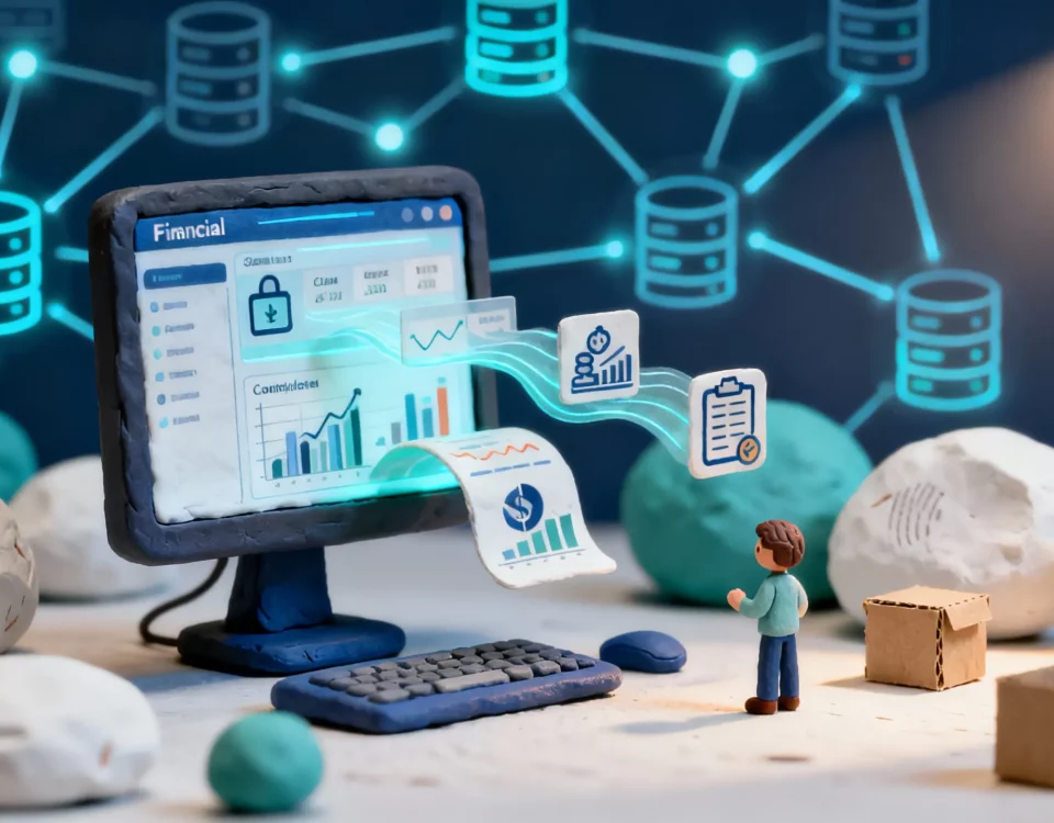 A modern financial dashboard displaying consolidated real-time data, with a network of connected systems in the background, representing seamless application to application integration.