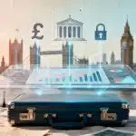 Infographic illustrating how business intelligence tools connect financial data to dashboards to drive ROI for UK companies, with icons for security, analytics, and growth."