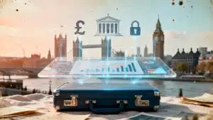 Infographic illustrating how business intelligence tools connect financial data to dashboards to drive ROI for UK companies, with icons for security, analytics, and growth."