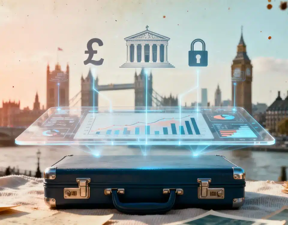 Infographic illustrating how business intelligence tools connect financial data to dashboards to drive ROI for UK companies, with icons for security, analytics, and growth."