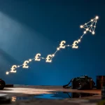 Abstract visualization of financial growth: an upward trend arrow formed from data points and British Pound symbols, representing the ROI of strategic data analysis.