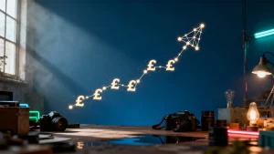 Abstract visualization of financial growth: an upward trend arrow formed from data points and British Pound symbols, representing the ROI of strategic data analysis.
