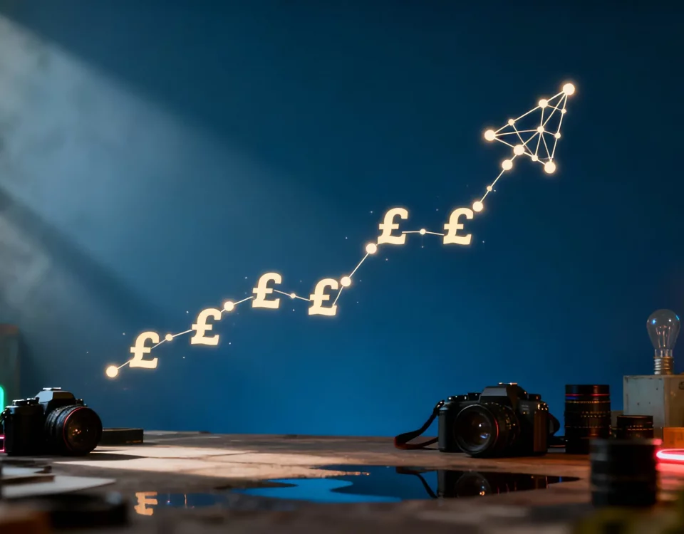 Abstract visualization of financial growth: an upward trend arrow formed from data points and British Pound symbols, representing the ROI of strategic data analysis.