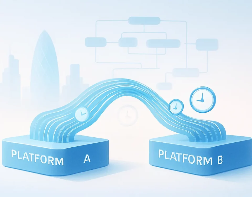 Conceptual illustration of ServiceNow to Jira integration, showing automated data flow and workflow sync between platforms, with icons representing efficiency and the London skyline for UK business context.