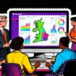 A diverse team of finance professionals in a modern UK office analyzes an interactive Power BI dashboard displaying financial KPIs and a map."