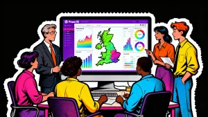A diverse team of finance professionals in a modern UK office analyzes an interactive Power BI dashboard displaying financial KPIs and a map."