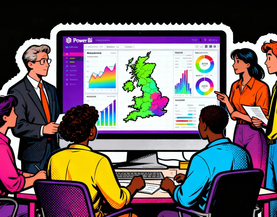 A diverse team of finance professionals in a modern UK office analyzes an interactive Power BI dashboard displaying financial KPIs and a map."