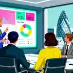 Diverse group of UK finance executives in a modern London boardroom reviewing a Microsoft Power BI business intelligence dashboard displaying financial KPIs and data visualizations.