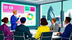 Diverse group of UK finance executives in a modern London boardroom reviewing a Microsoft Power BI business intelligence dashboard displaying financial KPIs and data visualizations.