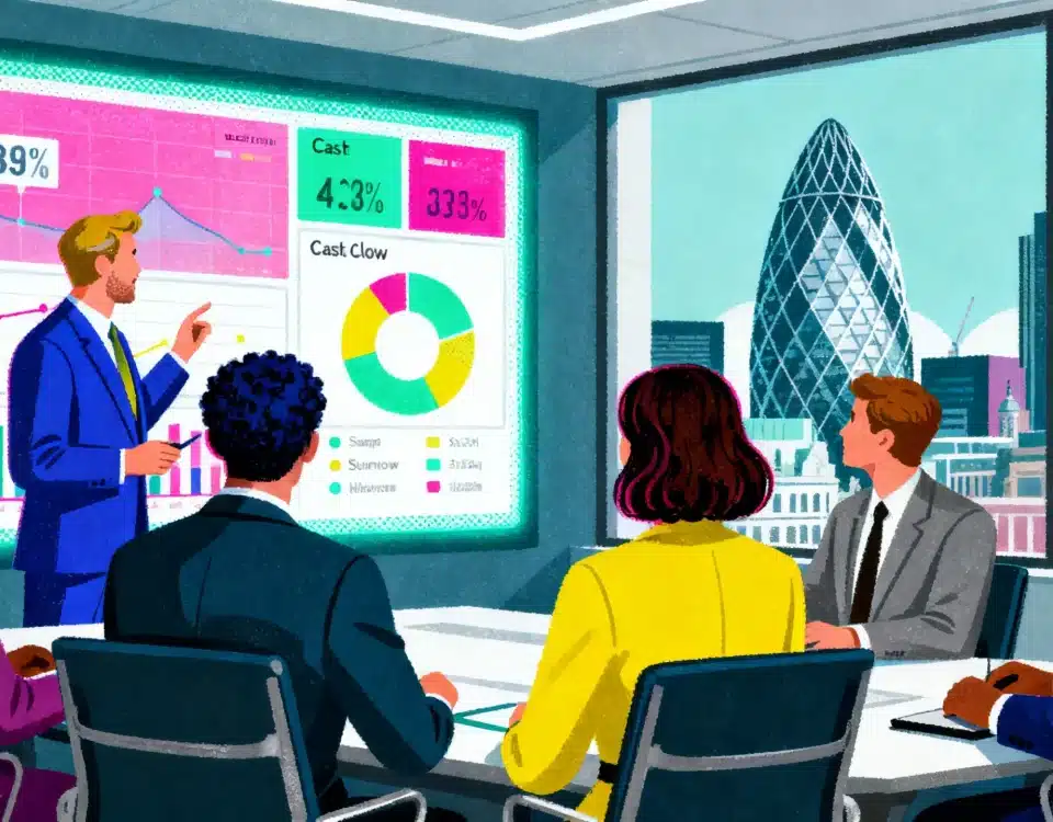 Diverse group of UK finance executives in a modern London boardroom reviewing a Microsoft Power BI business intelligence dashboard displaying financial KPIs and data visualizations.
