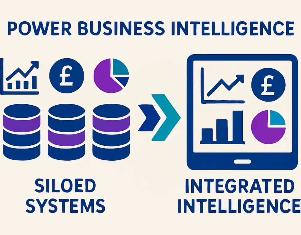 Infographic showing how API integration connects siloed financial data systems like ERP, banking, and payroll into a unified Power Business Intelligence dashboard for UK finance teams.