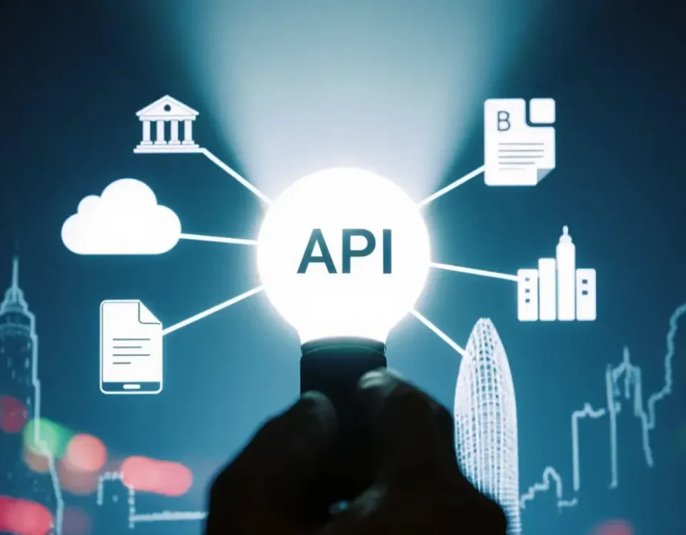 Diagram illustrating API integration connecting banking, cloud ERP, and mobile devices for UK finance teams.