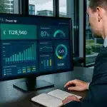 Finance professional reviewing a Power BI dashboard in a modern UK office with financial charts and GBP metrics.