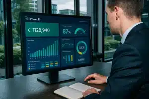Finance professional reviewing a Power BI dashboard in a modern UK office with financial charts and GBP metrics.