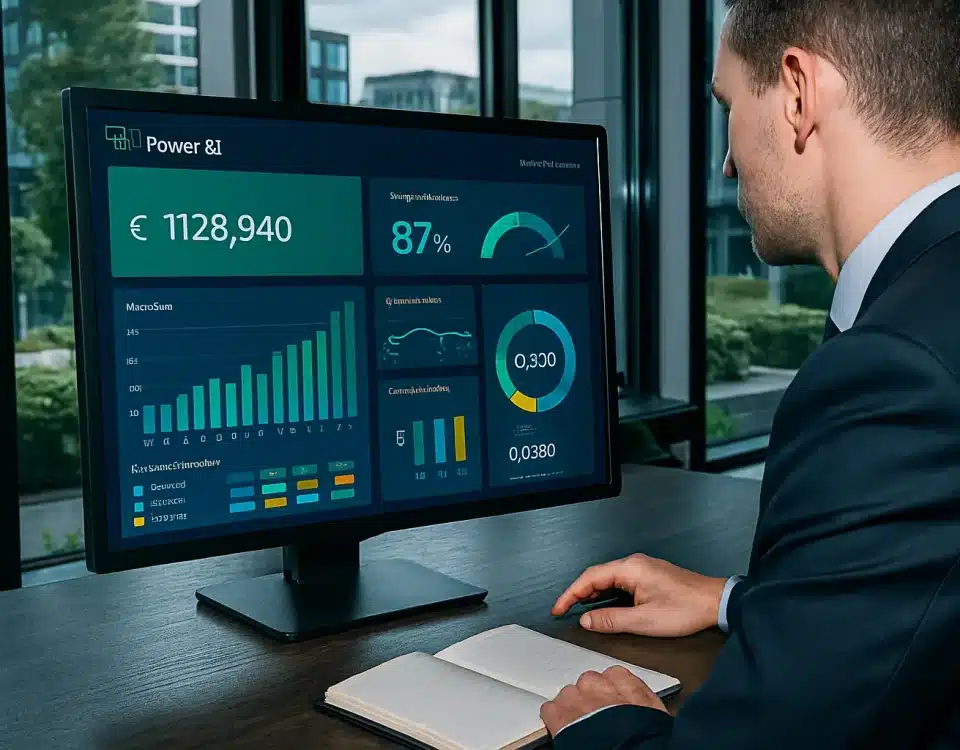 Finance professional reviewing a Power BI dashboard in a modern UK office with financial charts and GBP metrics.