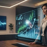 A UK Chief Financial Officer in a modern office analyzes financial performance data and ROI metrics on a glowing holographic display, representing AI-powered insights.