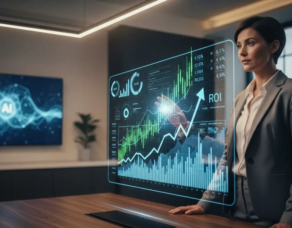 A UK Chief Financial Officer in a modern office analyzes financial performance data and ROI metrics on a glowing holographic display, representing AI-powered insights.