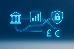 Visualisation of API integration connecting financial systems: data flows between banking, analytics, security, and accounting icons