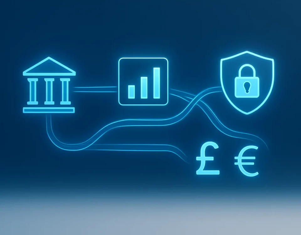 Visualisation of API integration connecting financial systems: data flows between banking, analytics, security, and accounting icons