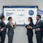 UK finance team reviewing clean data dashboard showing improved accuracy and reduced errors, representing database cleaning services for financial organisations