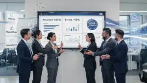 UK finance team reviewing clean data dashboard showing improved accuracy and reduced errors, representing database cleaning services for financial organisations