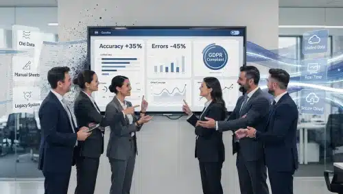 UK finance team reviewing clean data dashboard showing improved accuracy and reduced errors, representing database cleaning services for financial organisations